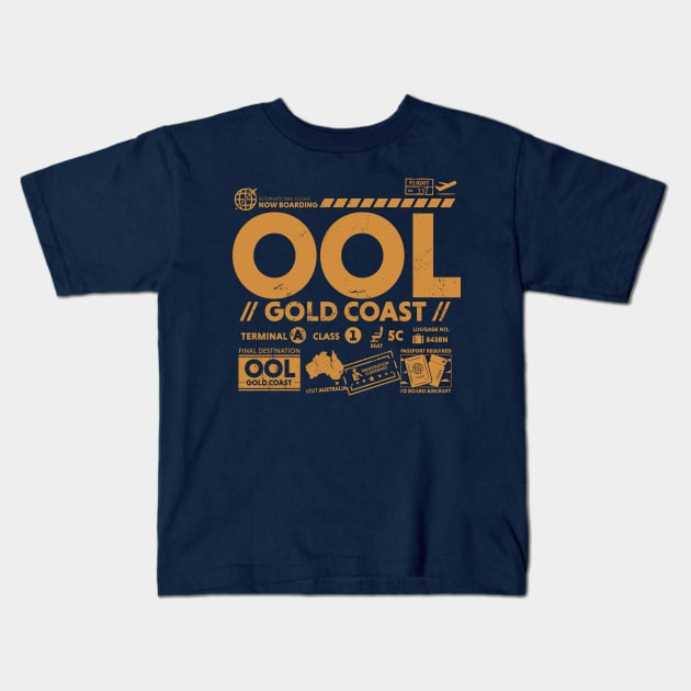 Vintage Gold Coast OOL Airport Code Travel Day Retro Travel Tag Australia Kids T-Shirt by Now Boarding